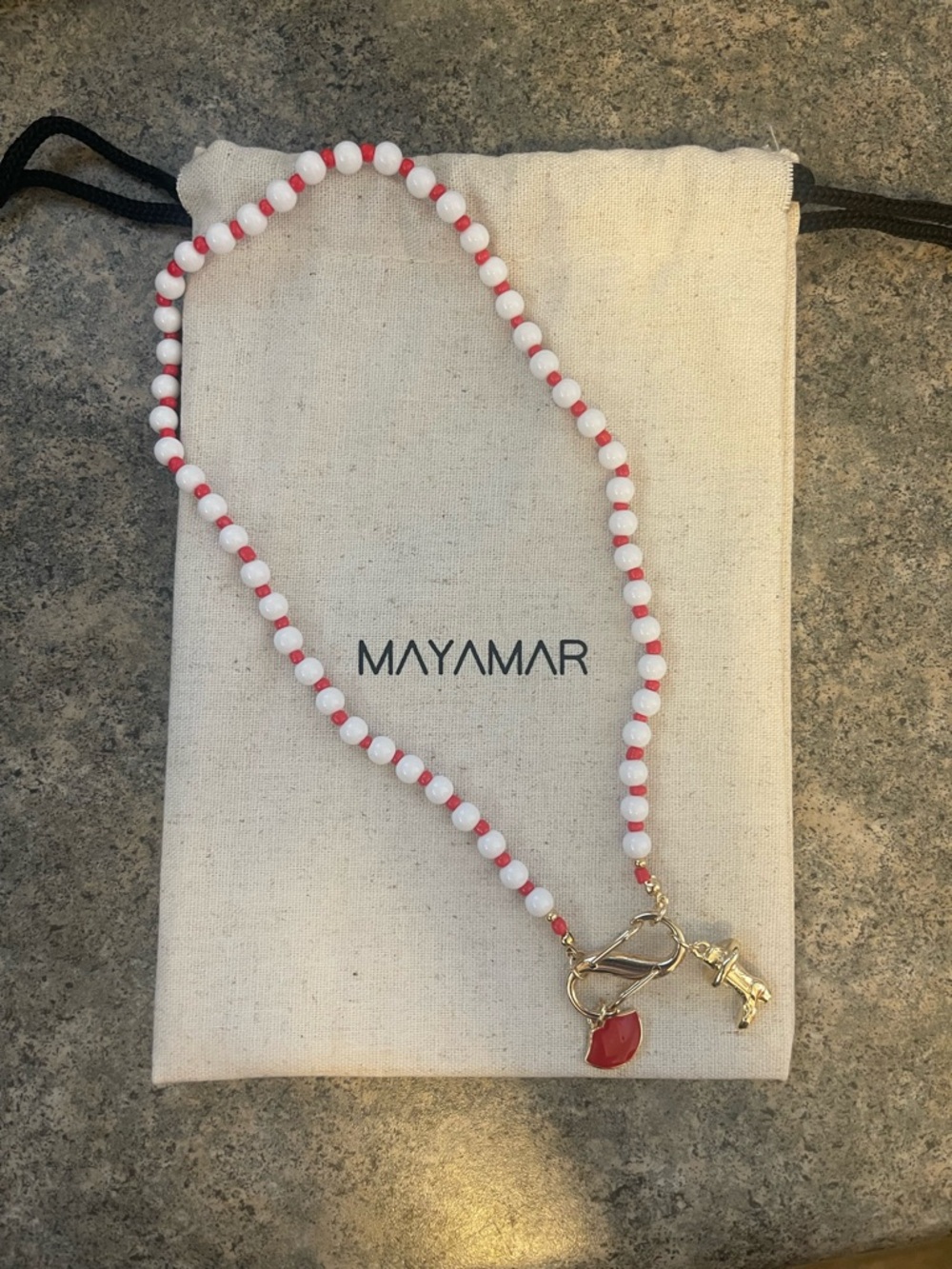 Mayamar Red & White Beaded Charm Necklace with Gold Accents